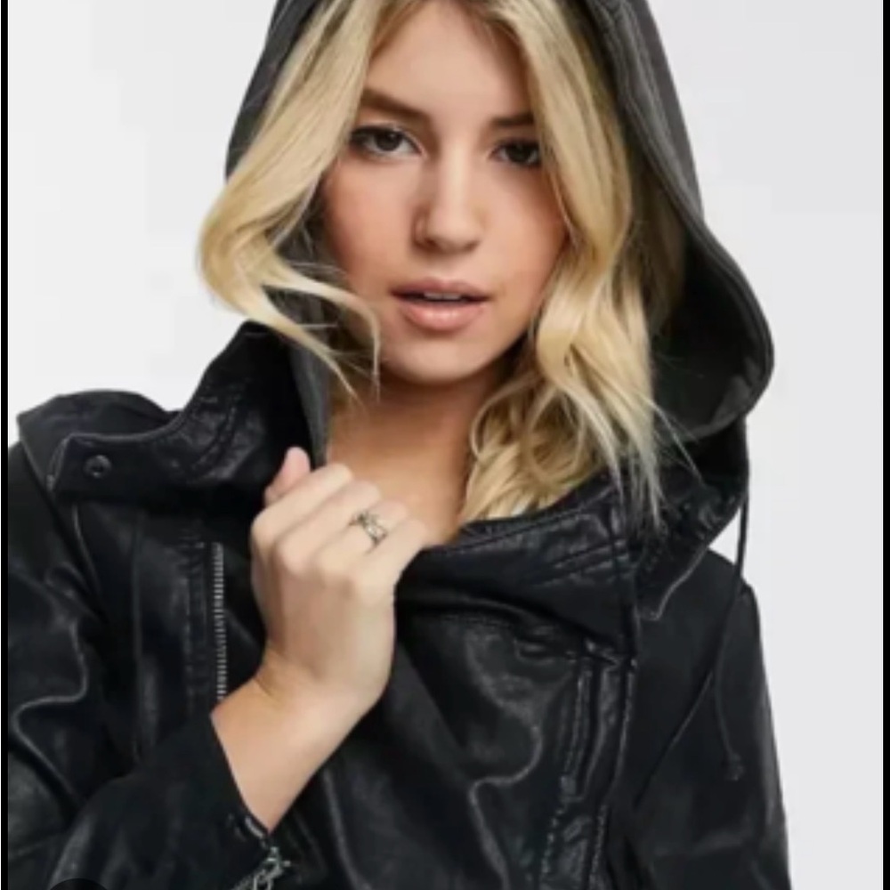 We The Free Black Hooded vegan Leather Jacket Cleo